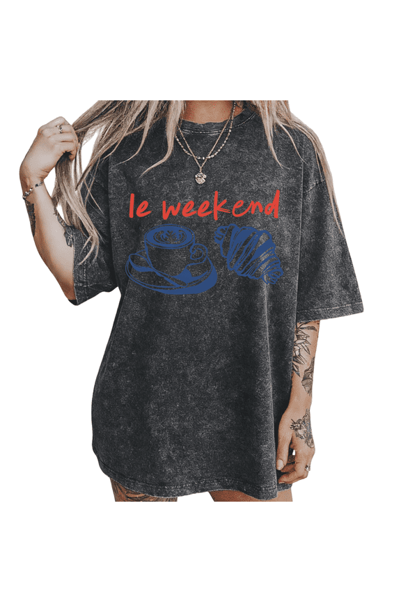 Women's Le Weekend French Coffee Croissant Vintage Washed T-Shirt Short Sleeve Crewneck Oversized Relaxed Fit Brunch S-2XL Top