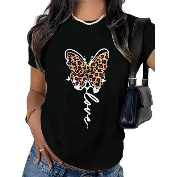 UNISHE Women's Leopard Print Butterfly T-Shirt Love Graphic Tee Animal Print Short Sleeve Crewneck Top