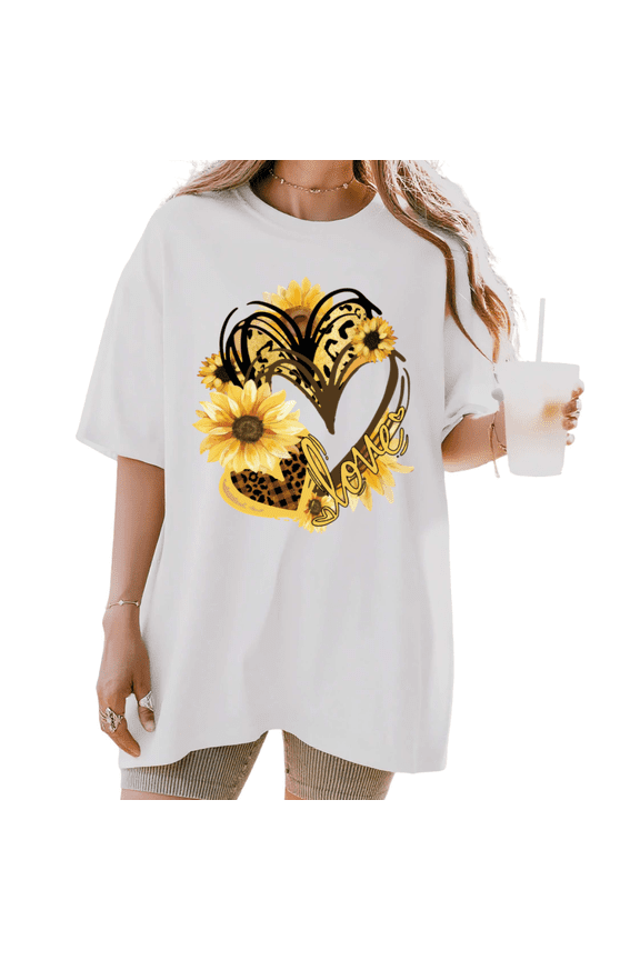 Women's Leopard Print Love Heart with Sunflowers Graphic Short Sleeve T-Shirt Casual Cotton Crewneck Top