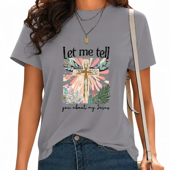 UNISHE Women's Let Me Tell You About My Jesus Graphic Tee Retro Leopard Cross Sunbeam Faith Shirt Grey, XL