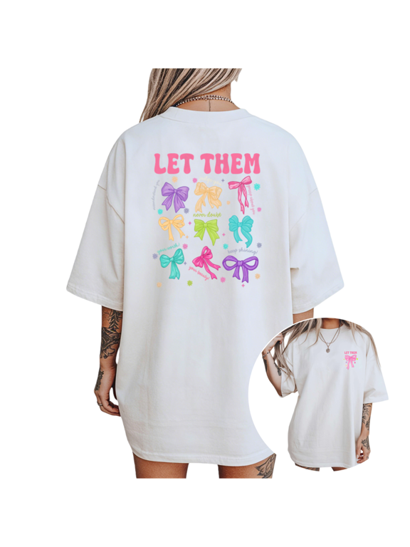 Women's "Let Them" Colorful Bows Graphic Short Sleeve T-Shirt Breathable Cotton Crewneck Top
