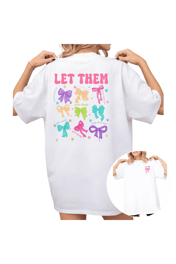 Women's "Let Them" Colorful Bows Graphic Short Sleeve T-Shirt Breathable Cotton Crewneck Top
