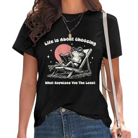 UNISHE Women's Life Is About Choosing Frog Graphic Tee Sarcastic Existential Nihilist Shirt for Daily Outfit Black, S
