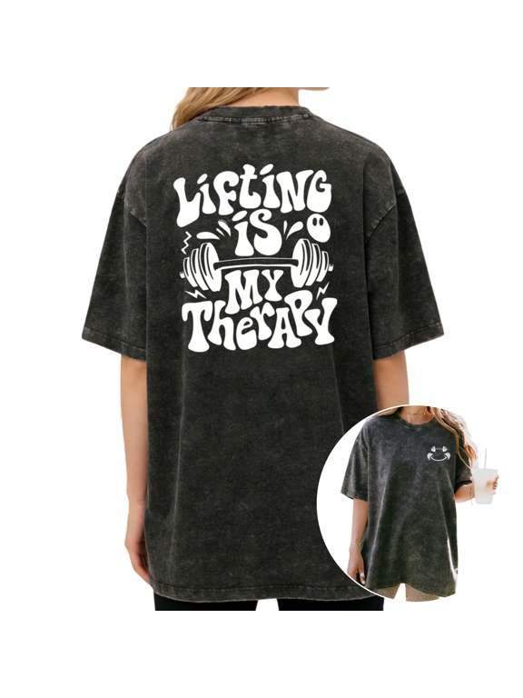 Women's Lifting Is My Therapy Barbell Gym Fitness Retro Groovy Double Sided Graphic Washed Tops Short Sleeve T-Shirt