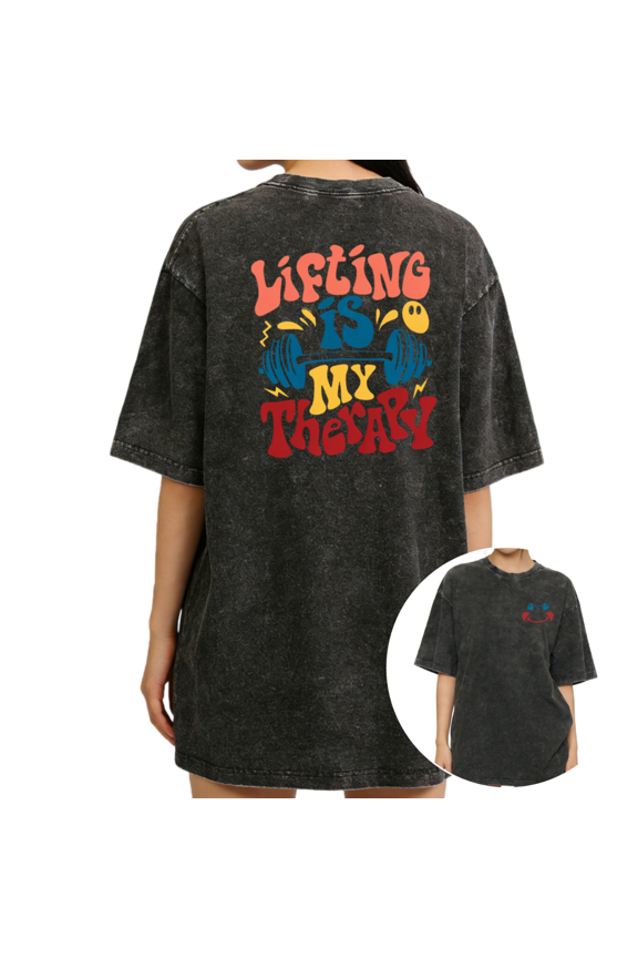 Women's "Lifting Is My Therapy" Colorful Gym Vintage Washed T-Shirt Short Sleeve Distressed Relaxed Fit Tee