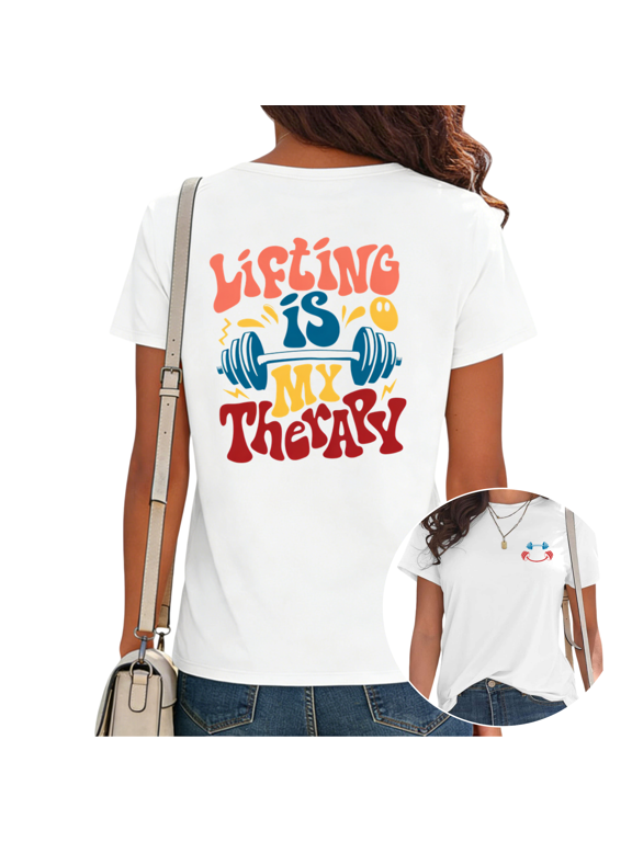 Women's Lifting Is My Therapy Graphic T-Shirt Retro Workout Motivation Tee Gym Fitness Positive Quote Tops Short Sleeve
