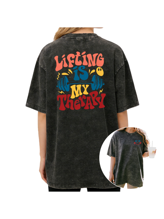 Women's Lifting Is My Therapy Graphic T-Shirt Workout Motivation Tee Gym Fitness Positive Quote Washed Tops Short Sleeve