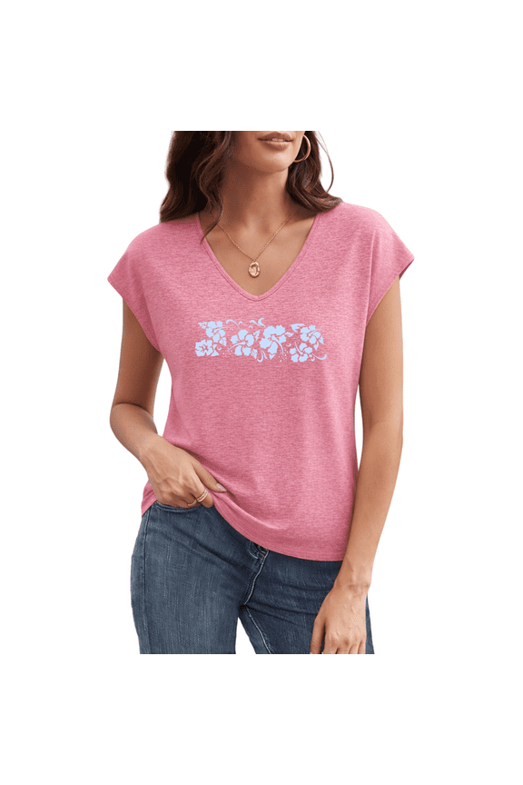 Women's Light Blue Hawaiian Hibiscus Boho Floral Minimal Border Graphic V Neck Sleeveless Commuting T Shirt Tops