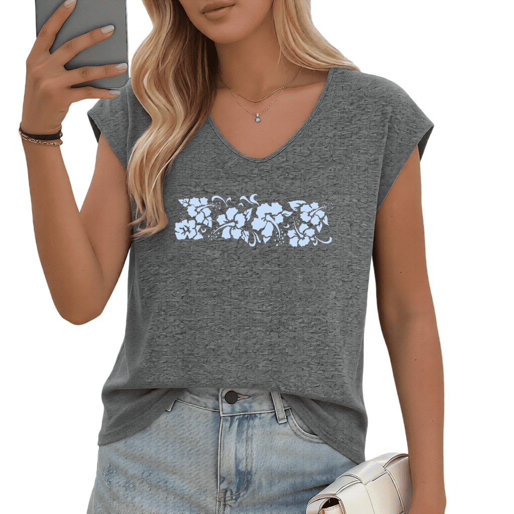 UNISHE Women's Light Blue Hibiscus Floral Graphic V-Neck Sleeveless T ...