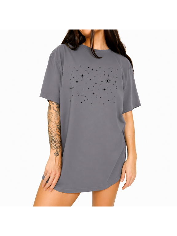 Women's Line Star Constellation Moon Meteor Planet Graphic Short Sleeve Crewneck Grey Tops