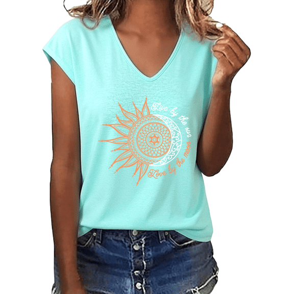 UNISHE Women's Live By The Sun Love By The Moon Boho Mandala Sun Moon Casual V-Neck T-Shirt Top