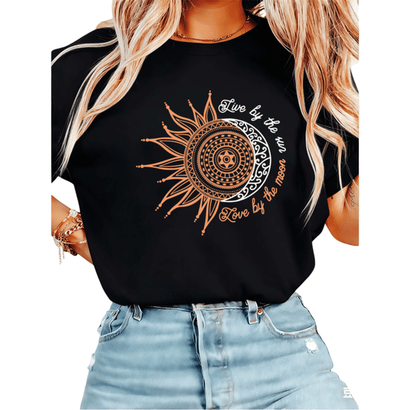 UNISHE Women's Live By The Sun Love By The Moon Orange Celestial Sun Moon Mandala Graphic Short Sleeve T-Shirt Black S-5XL