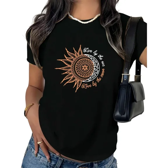 UNISHE Women's Live by the Sun Love by the Moon Copper Mandala Graphic Short Sleeve T - Shirt Boho Mystic Sun Moon Print Cotton Crewneck Top