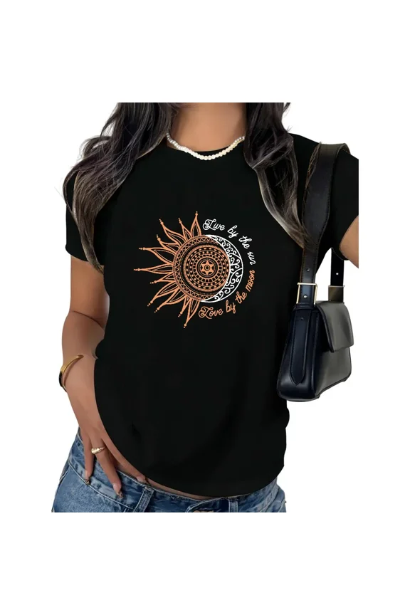 Women's Live by the Sun Love by the Moon Copper Mandala Graphic Short Sleeve T - Shirt Boho Mystic Sun Moon Print Cotton Crewneck Top