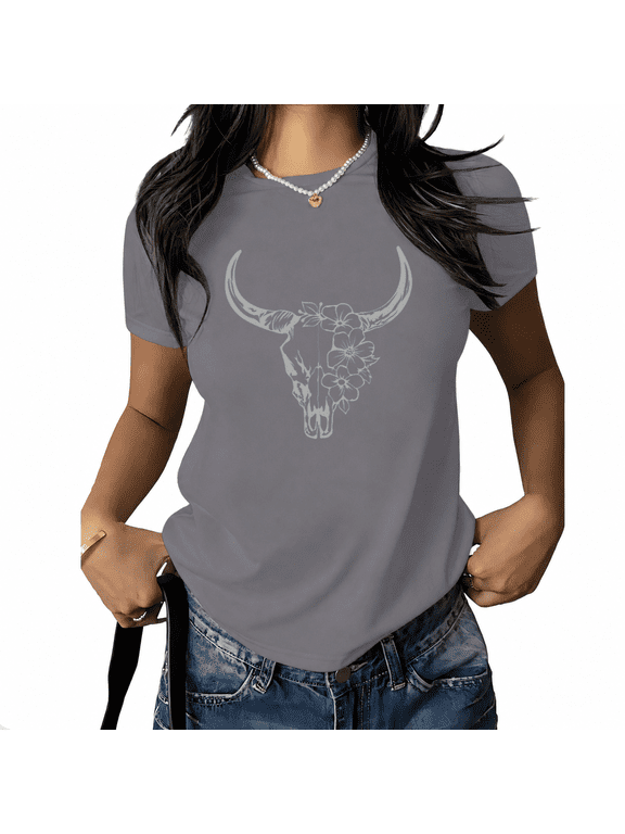Women's Longhorn Skull Graphic Tee Minimalist Floral Bull Skull Short Sleeve T-Shirt Boho Style Crewneck Loose Fit Grey