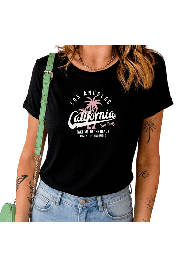 Women's Los Angeles California Surfing Graphic Short Sleeve T-Shirt Casual Cotton Crewneck Summer Beach Top
