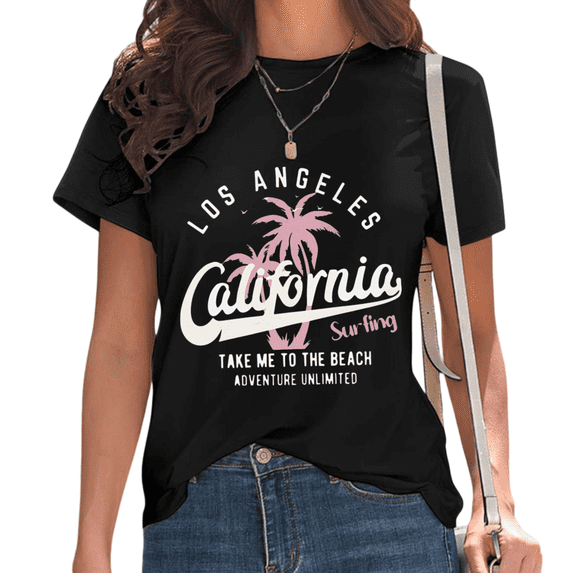 UNISHE Women's Los Angeles California Surfing Take Me to The Beach Casual Crew Neck Short Sleeve T-Shirt Top