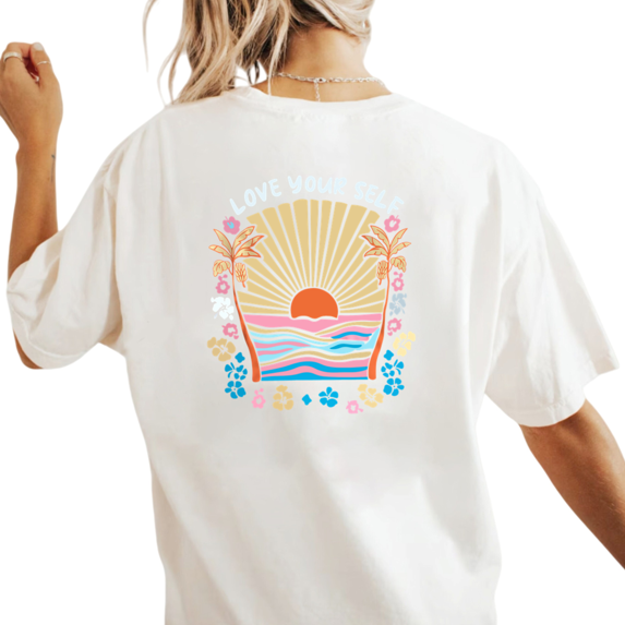 UNISHE Women's Love Yourself Tropical Sunset Palm Floral Graphic Short Sleeve T-Shirt Casual Cotton Oversized Top