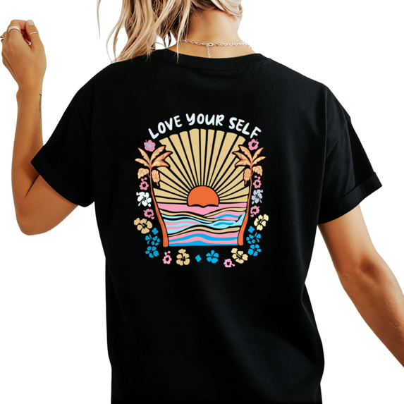 UNISHE Women's Love Yourself Tropical Sunset Palm Floral Graphic Short Sleeve T-Shirt Casual Cotton Oversized Top