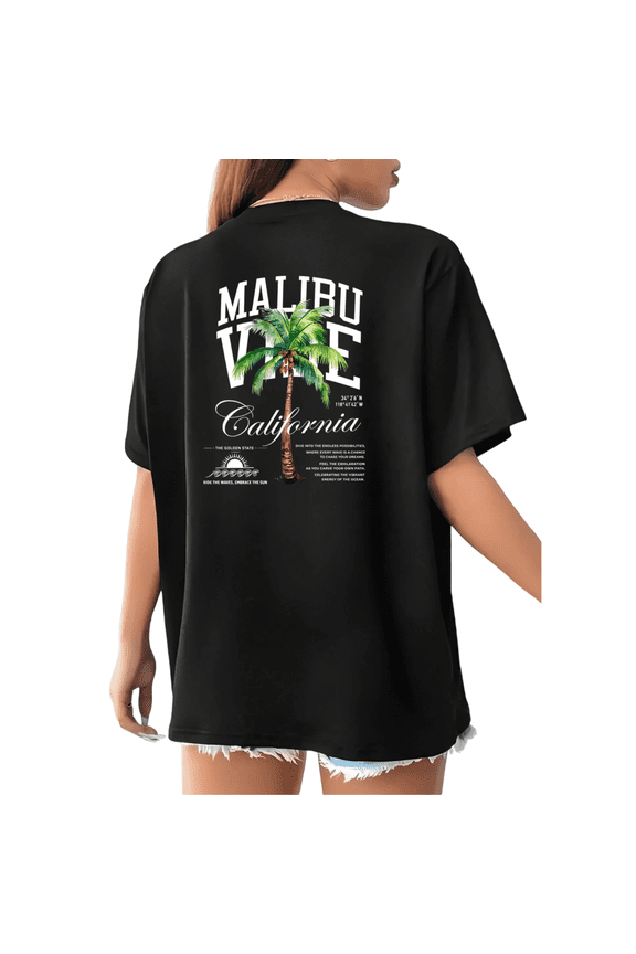 Women's Malibu Vibe California Palm Tree Graphic Short Sleeve Crewneck T-Shirt Summer Beach Casual Top