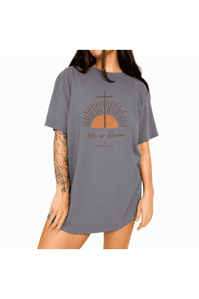 Women's Mellow Heart Dawn Ray Cross Sacred Sunrise Redeeming Faith Saying Graphic Short Sleeve Crewneck Grey Tops