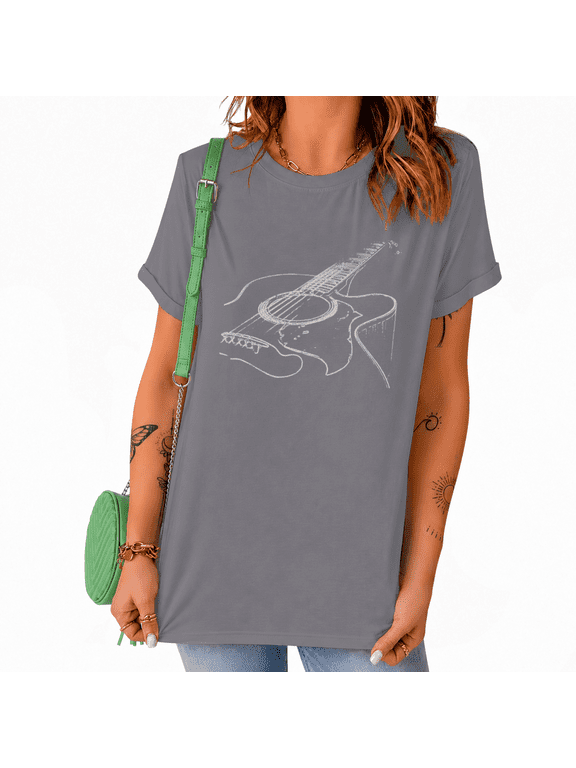 Women's Melodic String Graphic Short Sleeve T-Shirts Grey Casual Musician Tops