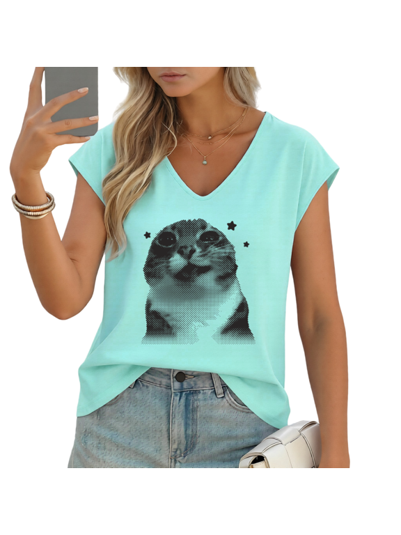 Women's Meme Cat with Stars Halftone Print V-Neck Sleeveless T-Shirt Casual Summer Tank Top