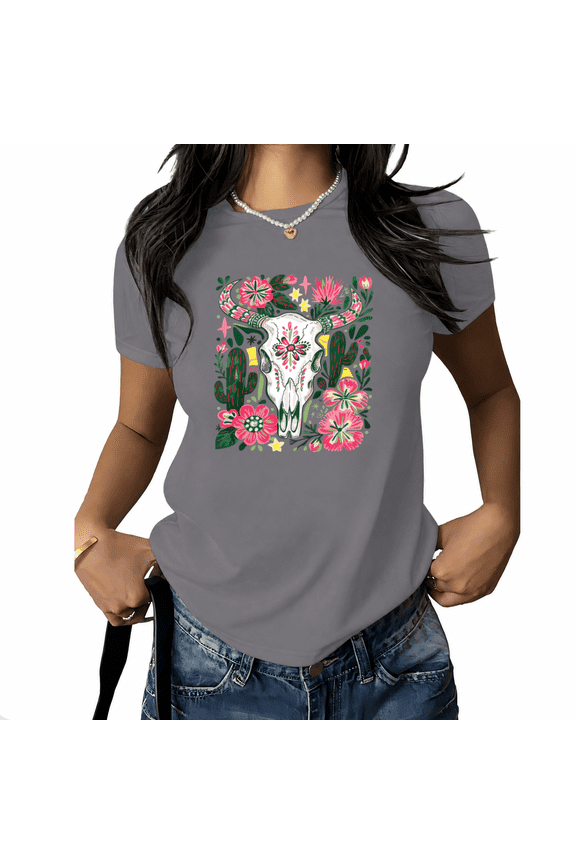 Women's Mexican Sugar Skull Cactus Floral Graphic Short Sleeve T-Shirt Crewneck Casual Cotton Plus Size Top S-5XL