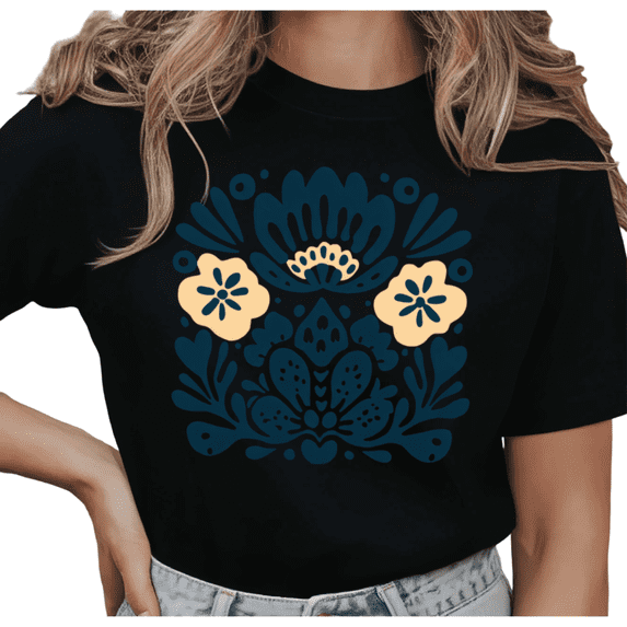 UNISHE Women's Mexican Talavera Folk Art Navy Cream Floral Graphic Short Sleeve T-Shirt Casual Crewneck Top