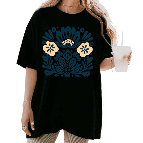 UNISHE Women's Mexican Talavera Folk Art Navy Cream Floral Graphic Short Sleeve T-Shirt Casual Crewneck Top