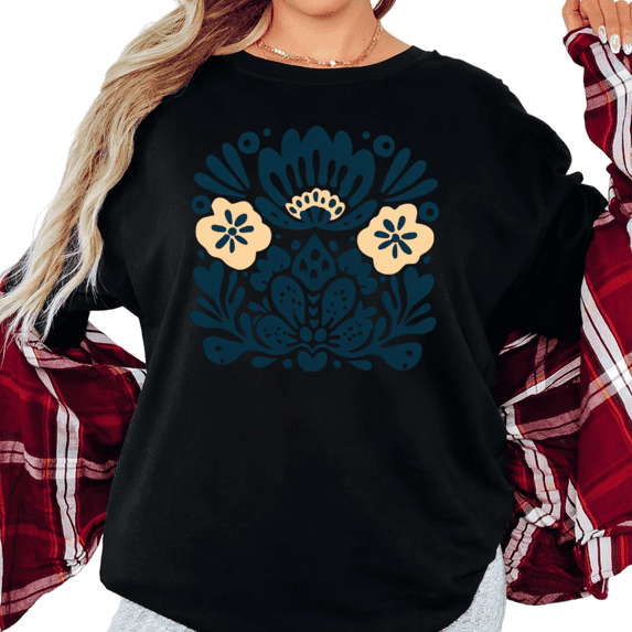UNISHE Women's Mexican Talavera Folk Art Navy Cream Floral Graphic Short Sleeve T-Shirt Casual Crewneck Top
