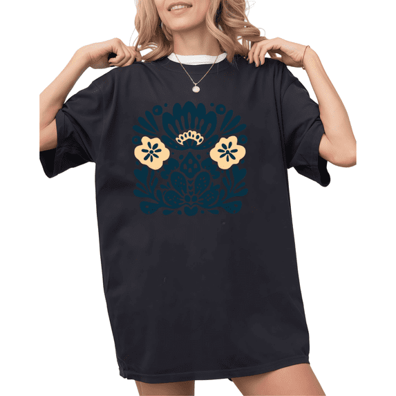 UNISHE Women's Mexican Talavera Folk Floral Graphic Black Short Sleeve T-Shirt Holiday S-5XL Top