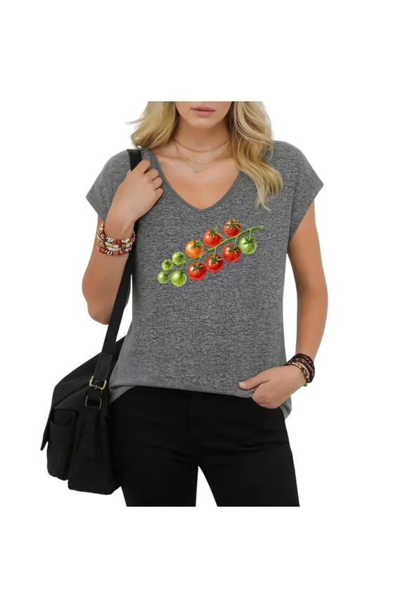 Women's Minimal Art Style Two Tone Stem Cherry Tomato Print V-Neck Sleeveless T-Shirt Lightweight Loose Tank Top for Indoor Rest and Short City Day Trips