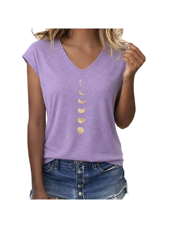 Women's Minimal Cat Silhouette Moon Phase Lunar Graphic V-Neck Short Sleeve Casual Celestial Boho T-Shirt Top