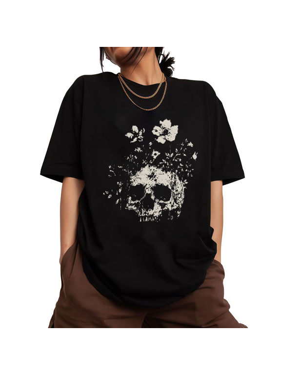 Women's Minimal Dark Worn Grunge Wild Rose Skull Bohemian Floral Graphic Short Sleeve T-Shirts Black Tops