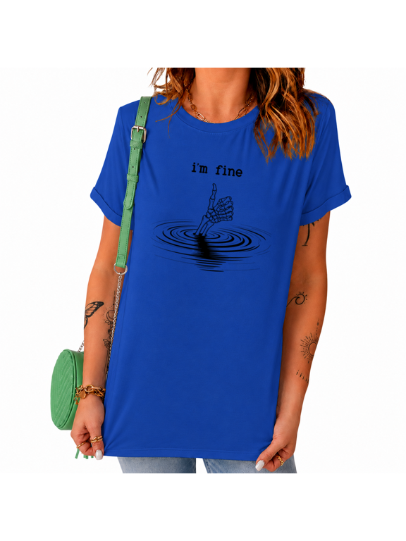 Women's Minimal Line Drowning Skeleton Hand Water Ripple Sarcastic Fine Quote Graphic Short Sleeve T-Shirts Blue Tops