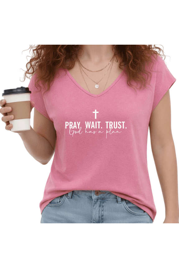 Women's Minimal "Pray Wait Trust" Cross S-5XL V-Neck Sleeveless T-Shirt Religious Fashion Casual Tank Top