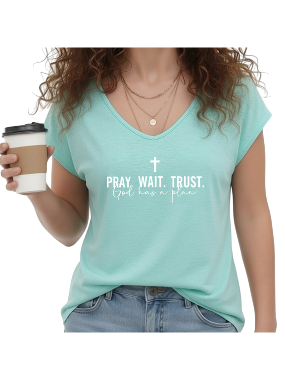 Women's Minimal "Pray Wait Trust" Cross S-5XL V-Neck Sleeveless T-Shirt Religious Fashion Casual Tank Top