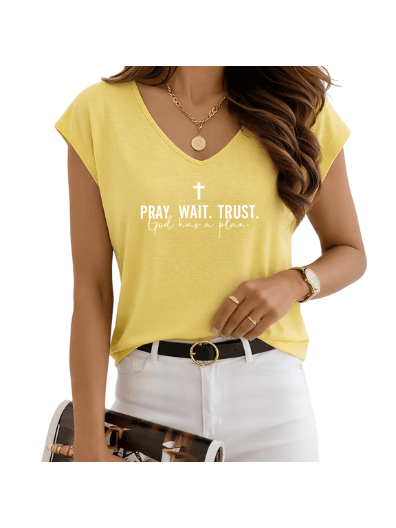 Women's Minimal "Pray Wait Trust" Cross V-Neck Sleeveless T-Shirt S-5XL Religious Casual Tank Top