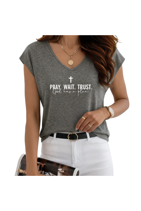 Women's Minimal "Pray Wait Trust" Cross V-Neck Sleeveless T-Shirt S-5XL Religious Casual Tank Top