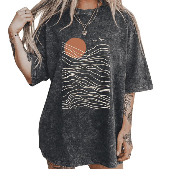 UNISHE Women's Minimalist Abstract Sun & Wave Graphic Vintage Washed Oversized T-Shirt Casual Relaxed Fit Tee