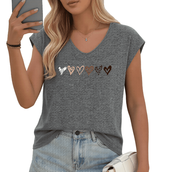 UNISHE Women's Minimalist Brown & White Hearts Print V-Neck Sleeveless T-Shirt Casual Daily Tank Top