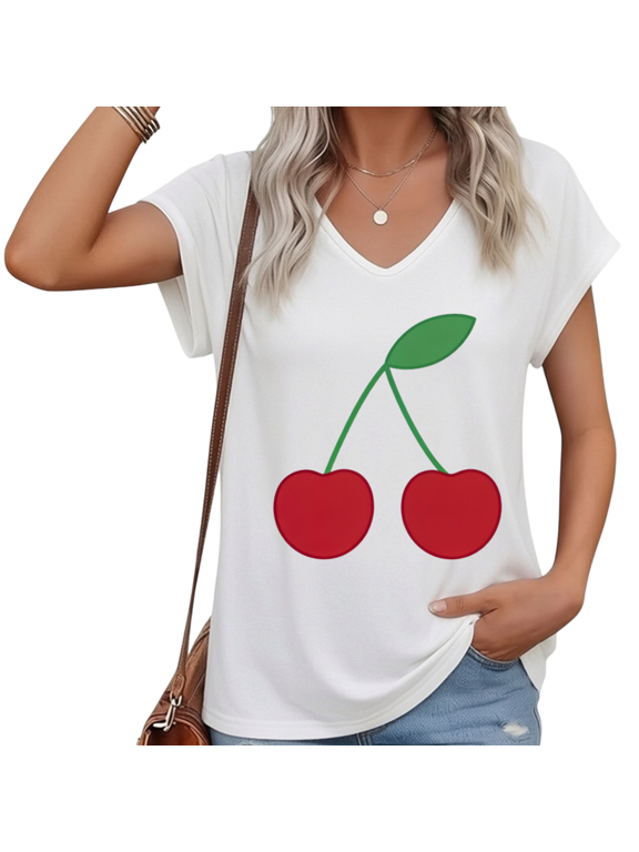 Women's Minimalist Cherry V-Neck Short Sleeve T-Shirt Flat Design Graphic Print Soft Cotton Casual Top S-5XL