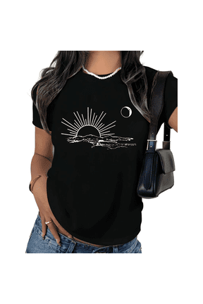 Women's Minimalist Landscape T-Shirt Sun Moon Geometric Graphic Short Sleeve Casual Summer Top S-5XL