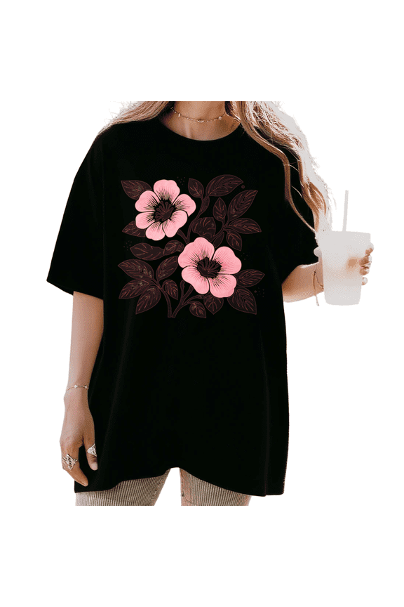 Women's Minimalist Pink Floral With Leaves Graphic Short Sleeve T-Shirt Comfortable Casual Crewneck Top