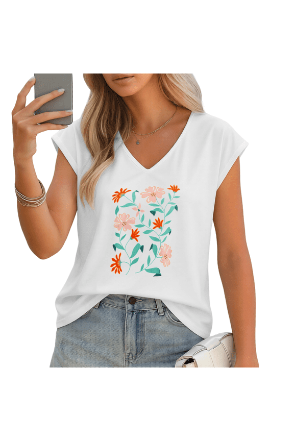 Women's Minimalist Pink and Orange Floral Vine V-Neck Sleeveless T-Shirt Comfortable Beach Tank Top