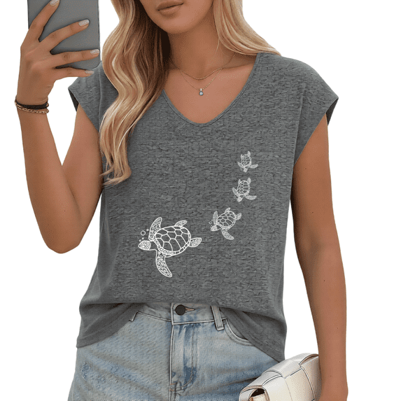 UNISHE Women's Minimalist Sea Turtle Art Print V-Neck Sleeveless T-Shirt Casual Trendy Tank Top