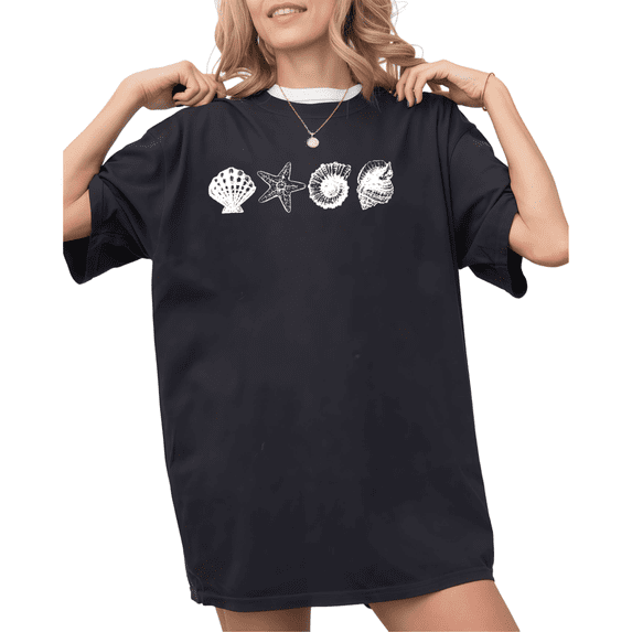 UNISHE Women's Minimalist Seashell Starfish Beach Graphic Short Sleeve T-Shirt Fashion Crewneck Top