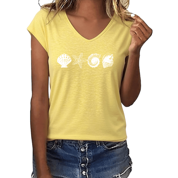 UNISHE Women's Minimalist Seashell Starfish Graphic V-Neck Short Sleeve Casual Lightweight Summer Beach Ocean Lover Vacation T-Shirt Top