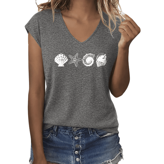 UNISHE Women's Minimalist Seashell Starfish Graphic V-Neck Short Sleeve Casual Lightweight Summer Beach Ocean Lover Vacation T-Shirt Top